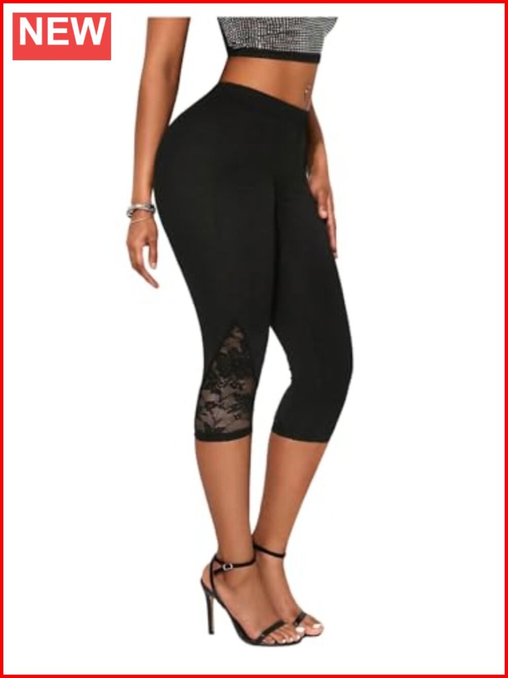 Lace Trim Capri Leggings Low Rise Stretchy Yoga Pants for Women